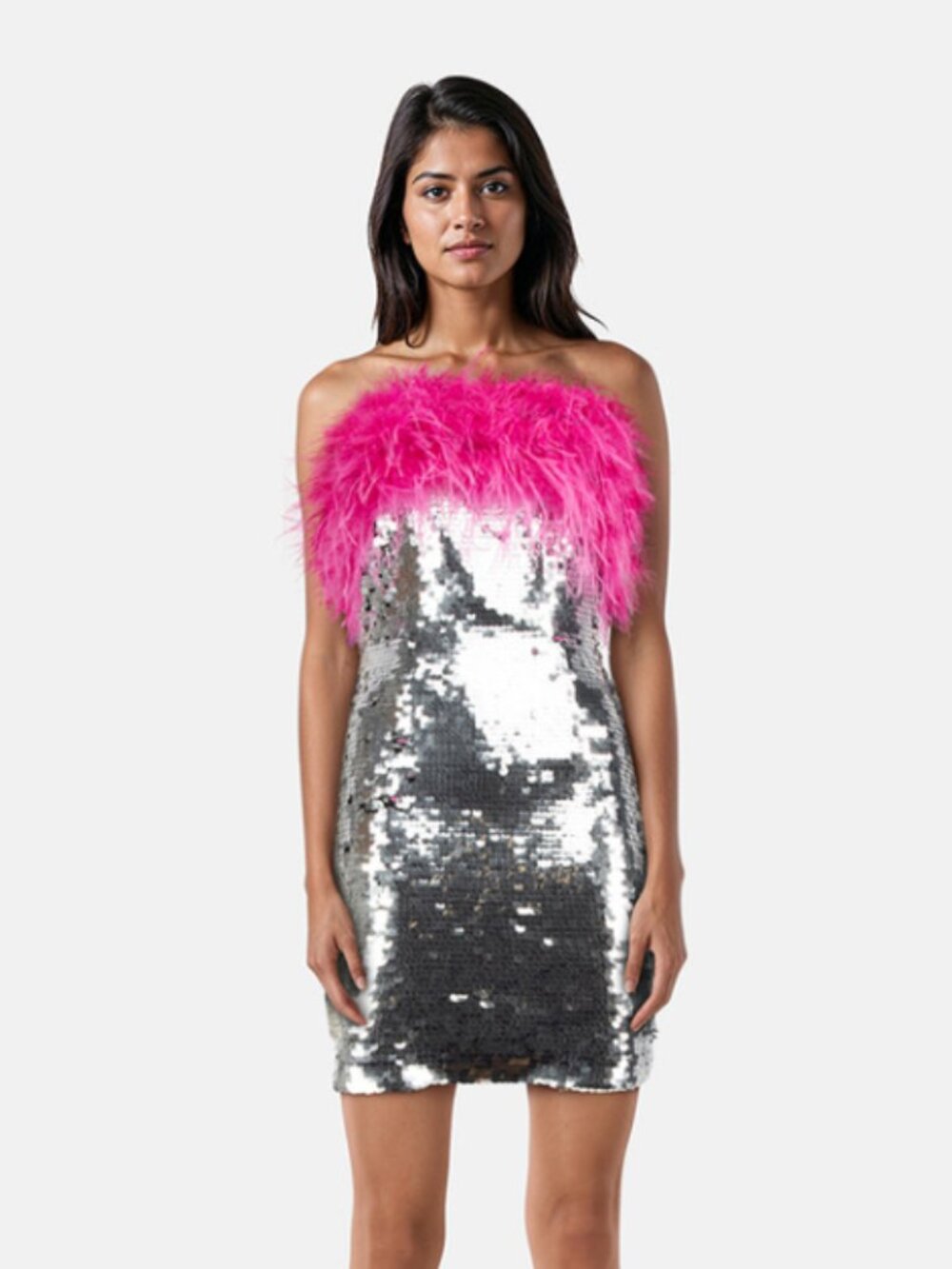 EUC! Nadine Merabi Silver Sequin & Feather Trim Cindy Dress Size‎ 2